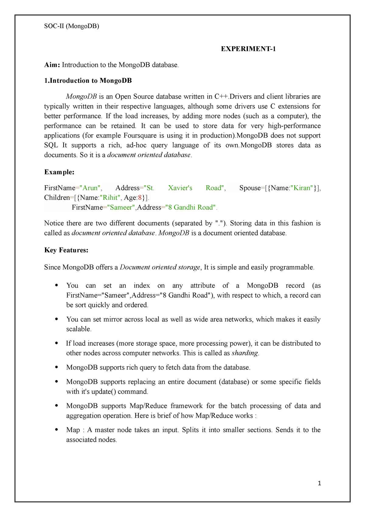 SOC Record R20 jntuk EXPERIMENT Aim Introduction to the MongoDB