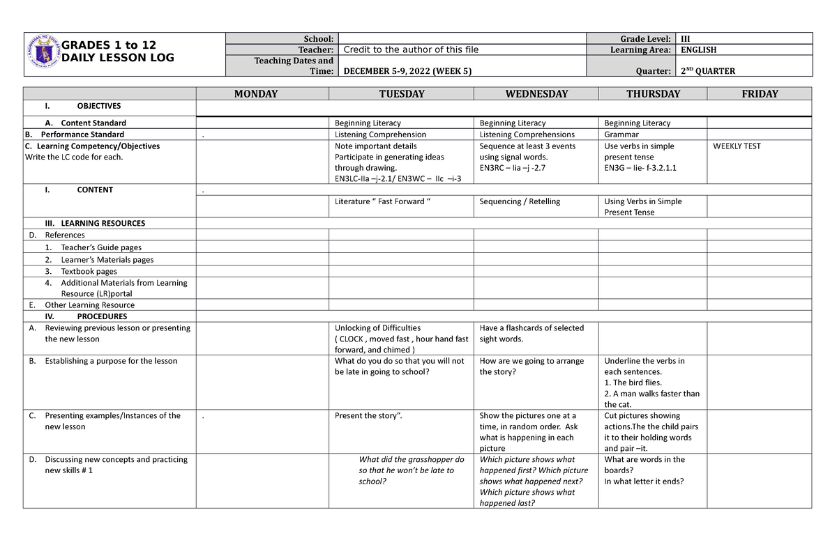 DLL English 3 Q2 W5 - DAILY LESSON LOG - GRADES 1 To 12 DAILY LESSON ...