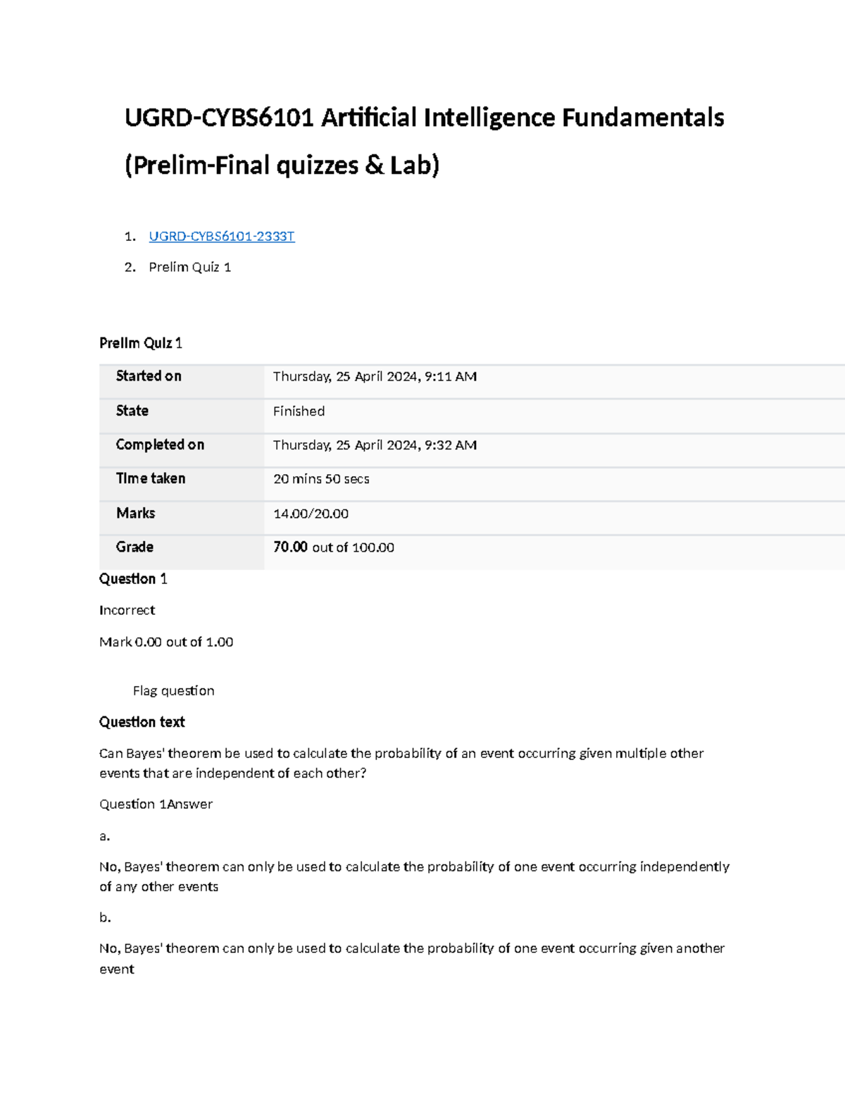 UGRD CYBS6101 Artificial Intelligence Fundamentals Prelim-Final Quizzes ...