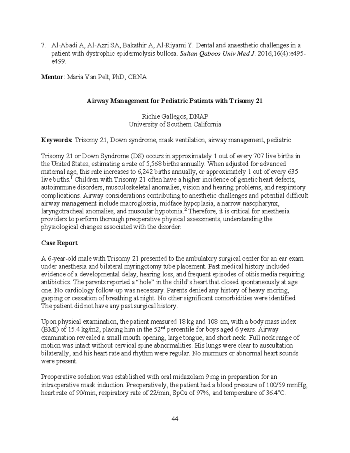 Airway Mangement with Trisomy 21 - Al-Abadi A, Al-Azri SA, Bakathir A ...