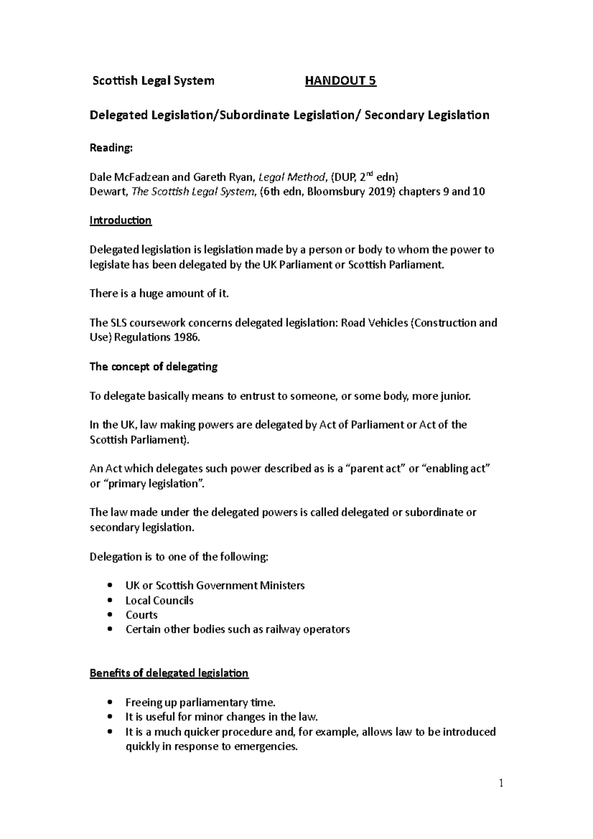 Lecture 5 - Delegated Legislation - Scottish Legal System HANDOUT 5 ...