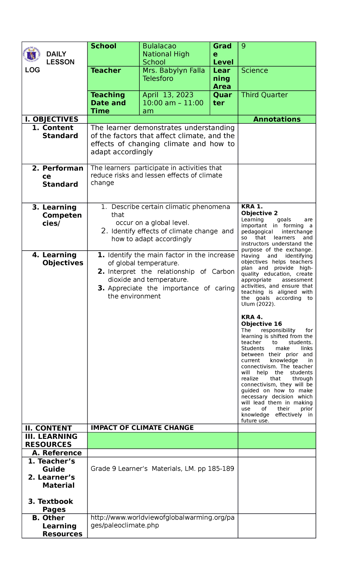 Climate Change - DEMO PLAN - DAILY LESSON LOG School Bulalacao National ...