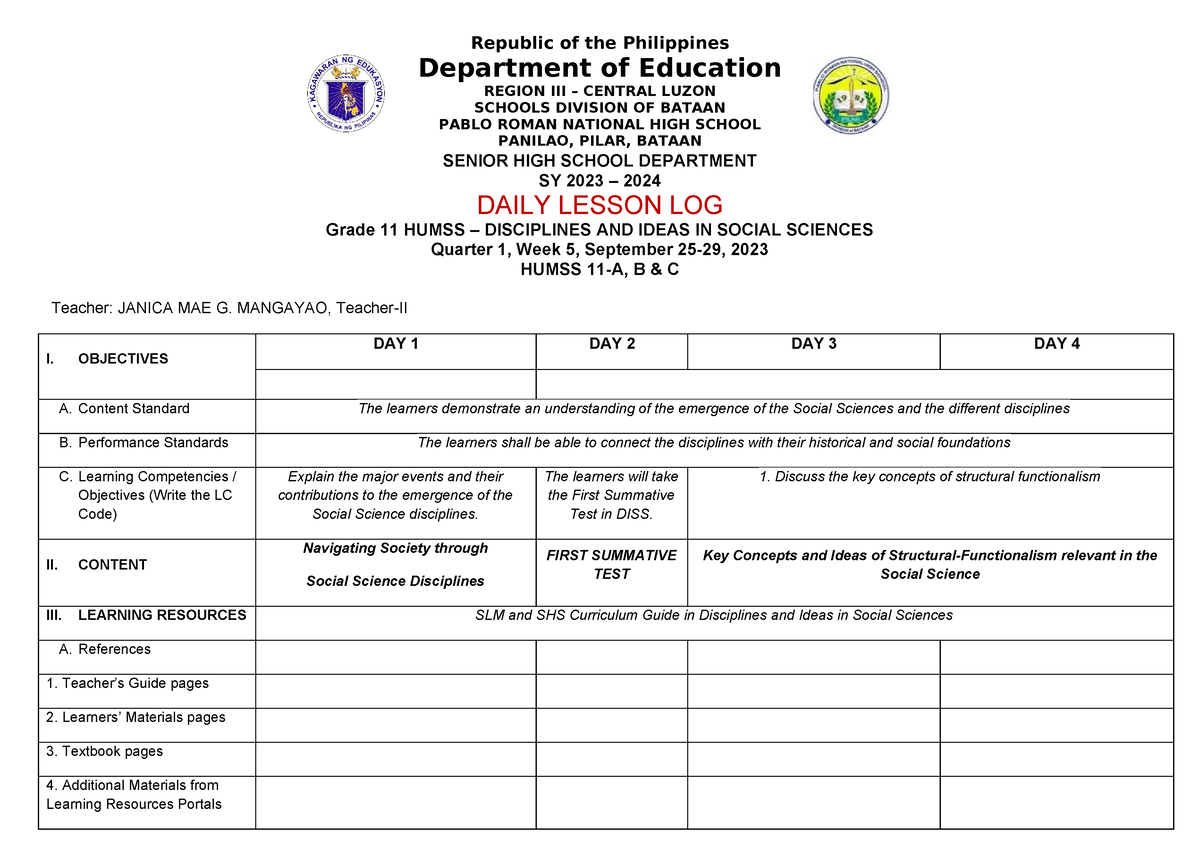 WEEK5 Daily Lesson LOG DISS Janica MAE Mangayao - Republic of the ...