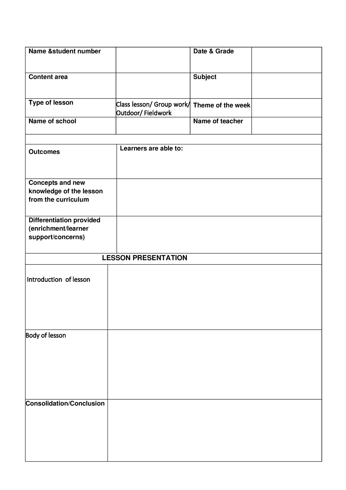 TPF Lesson PLAN - Name &student number Date & Grade Content area ...