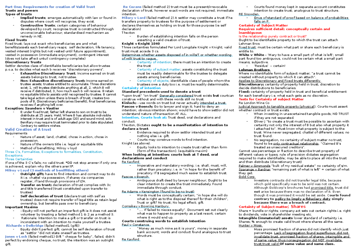 Notes for trust law exam wwith spaces - Part One; Requirements for ...