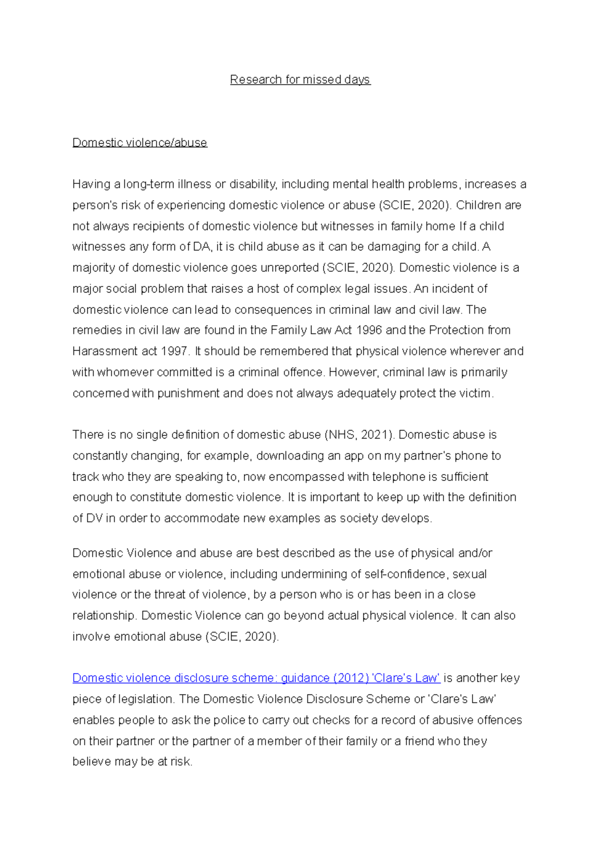 Dv notes - Research for missed days Domestic violence/abuse Having a ...