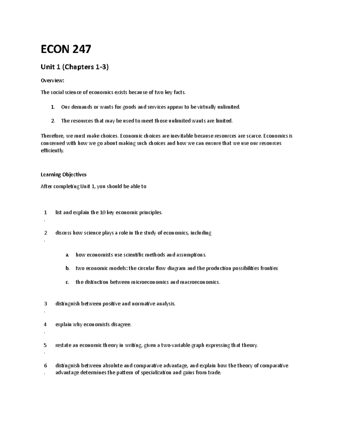 Unit 1 All of the objectives answered - ECON 247 Unit 1 (Chapters 1-3 ...