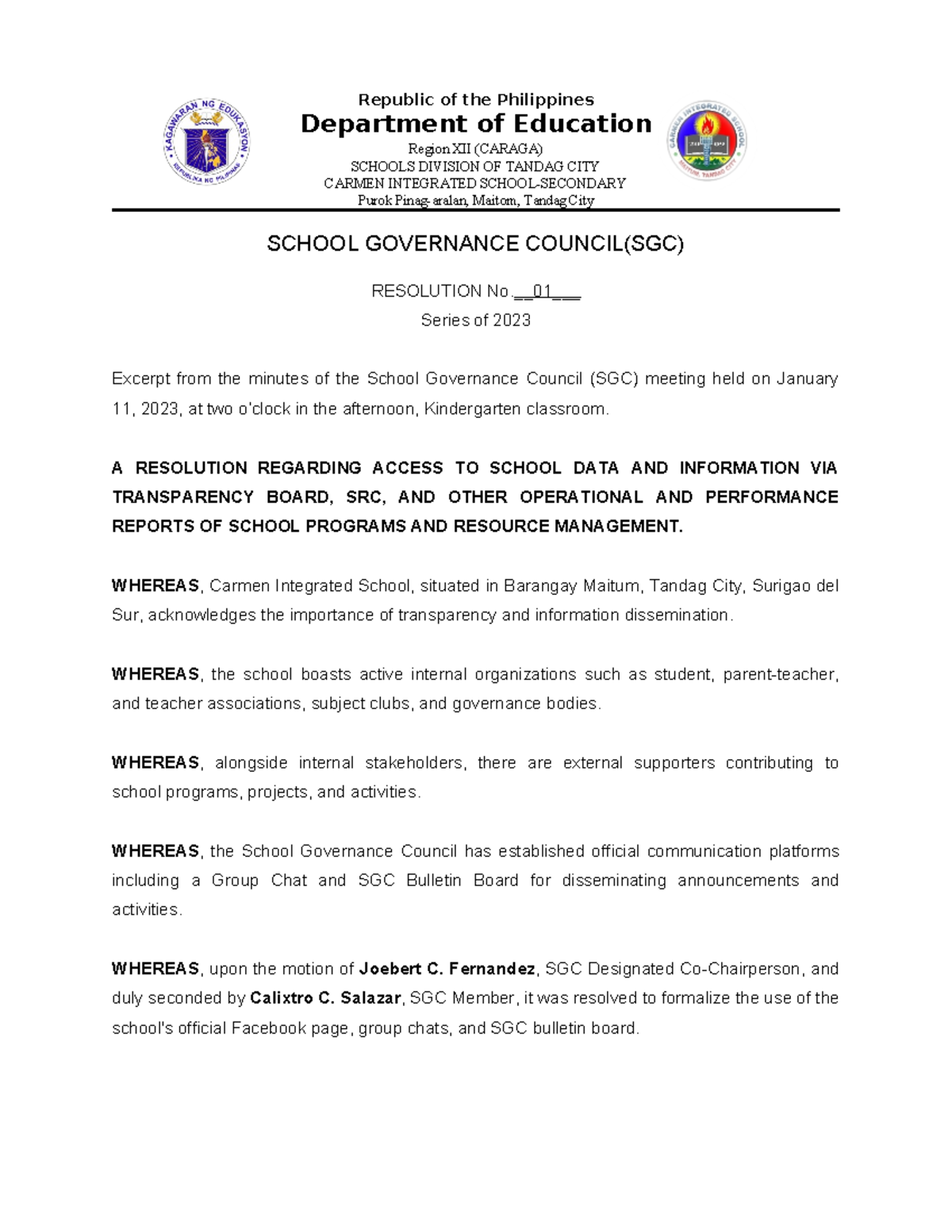 Sgc Resolution Republic Of The Philippines Department Of Education Region Xii Caraga Schools 3737