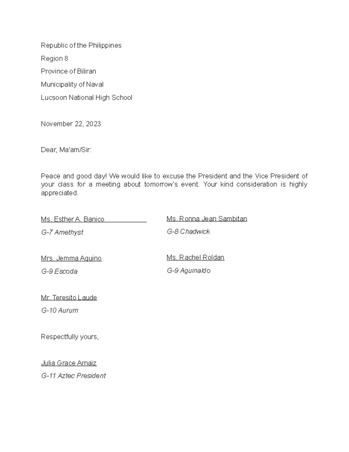Excuse Letter - It's helpful. - Republic of the Philippines Region 8 ...