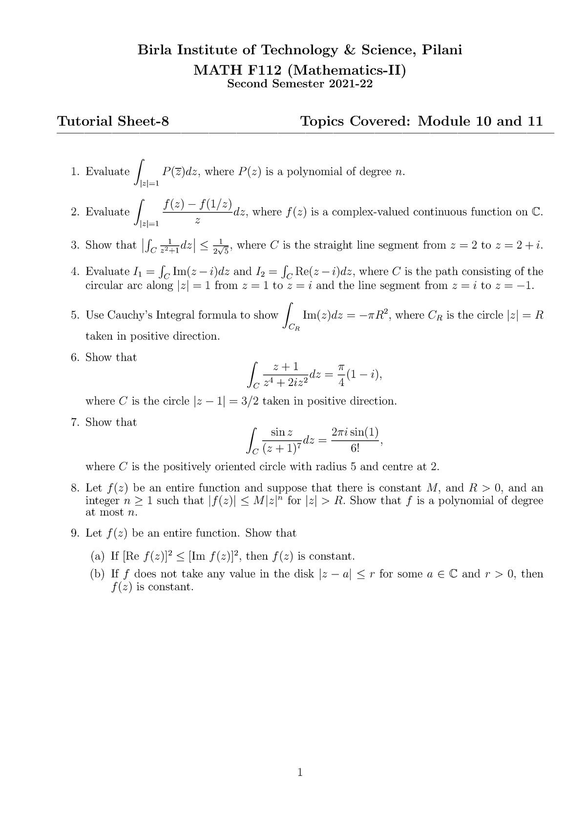 Tutorial Sheet 8 - Birla Institute of Technology & Science, Pilani MATH ...