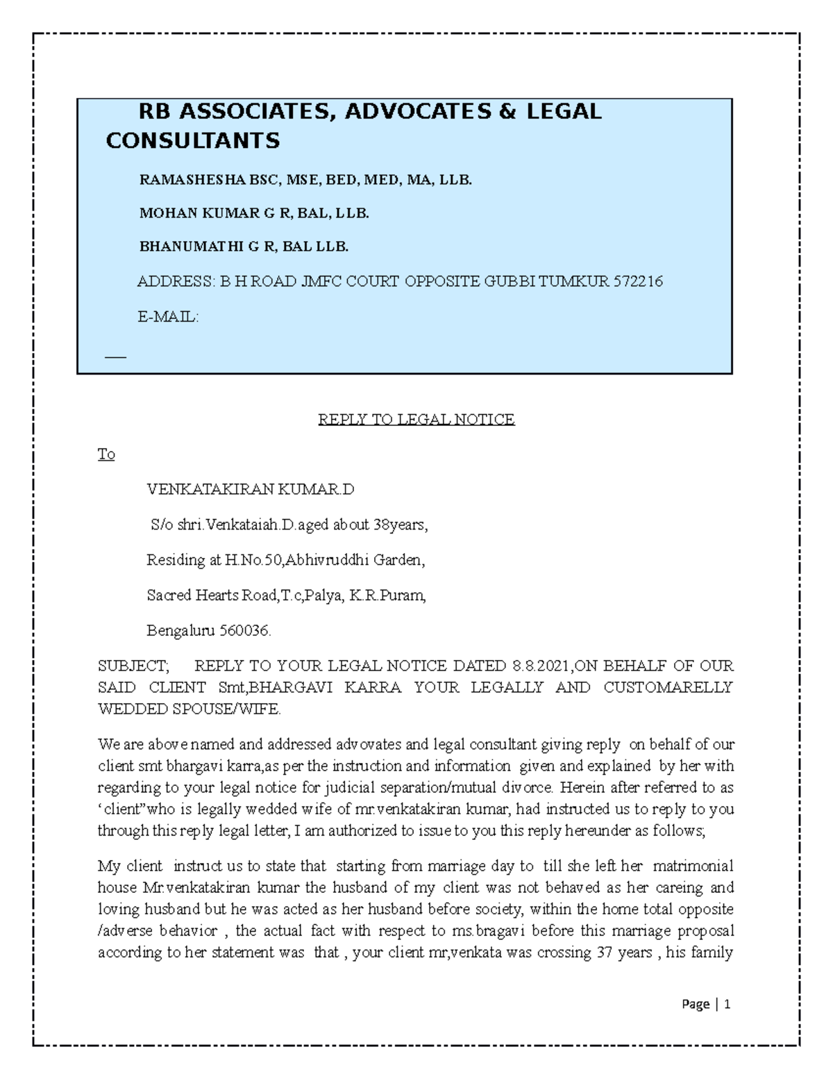 Reply TO Legal Notice - RB ASSOCIATES, ADVOCATES & LEGAL CONSULTANTS ...