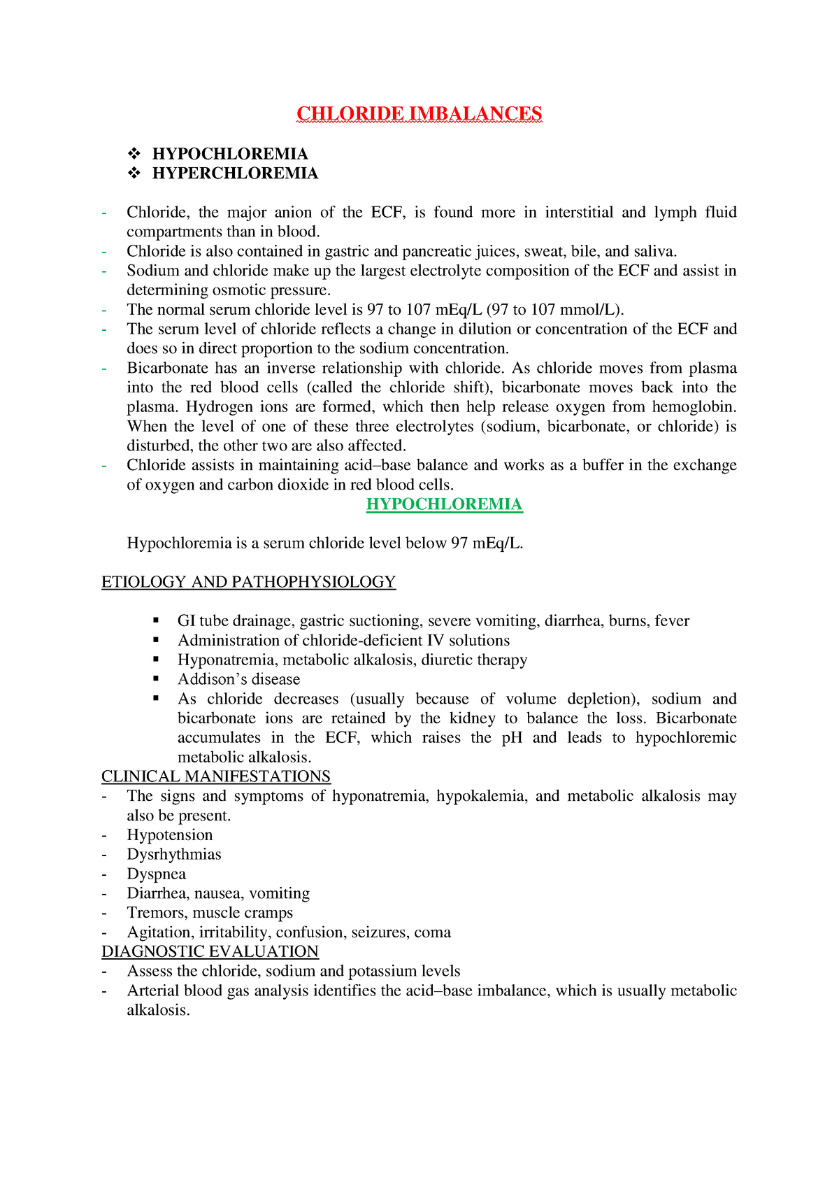 Hypochloremia - Medical - CHLORIDE IMBALANCES HYPOCHLOREMIA ...