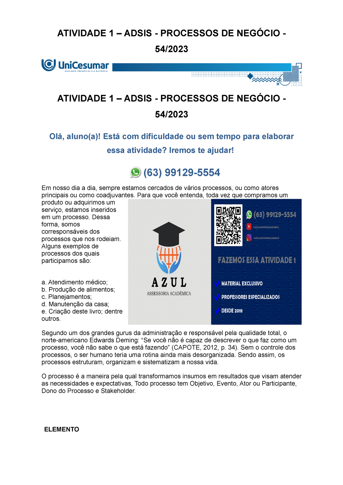 Atividade 1 Adsis Processos De Negócio 542023 Atividade 1 Adsis Processos De 1202