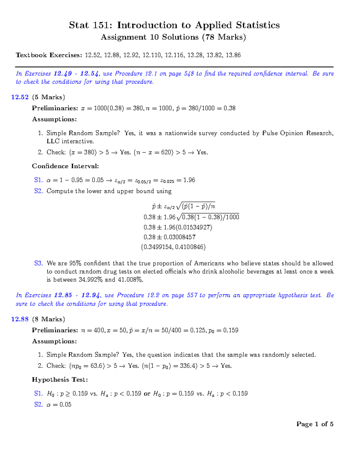 Stat151 A10 Solution Assignment Soultions Stat 151 Introduction To Applied Studocu