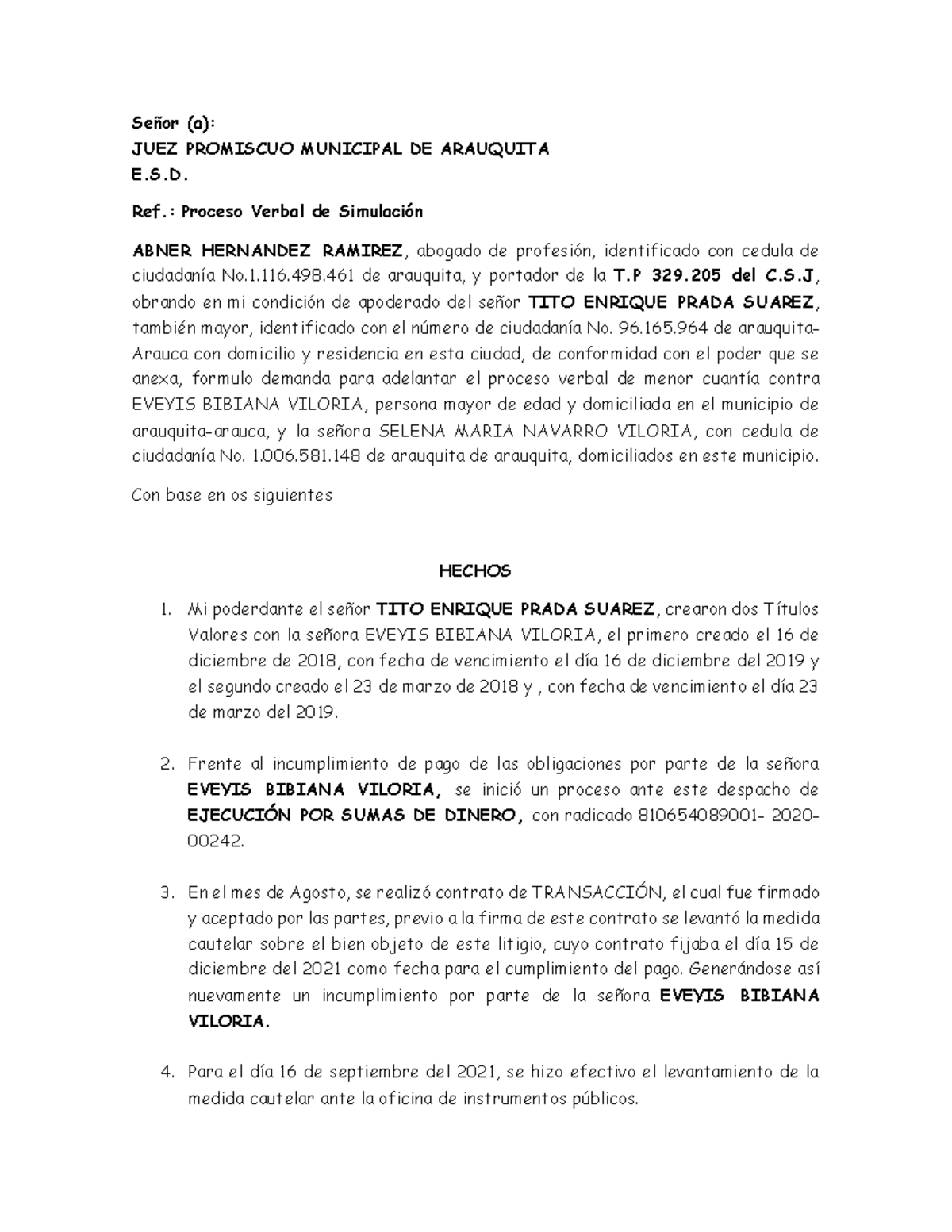 Demanda Simulacion - SeÒor (a): JUEZ PROMISCUO MUNICIPAL DE ARAUQUITA E ...