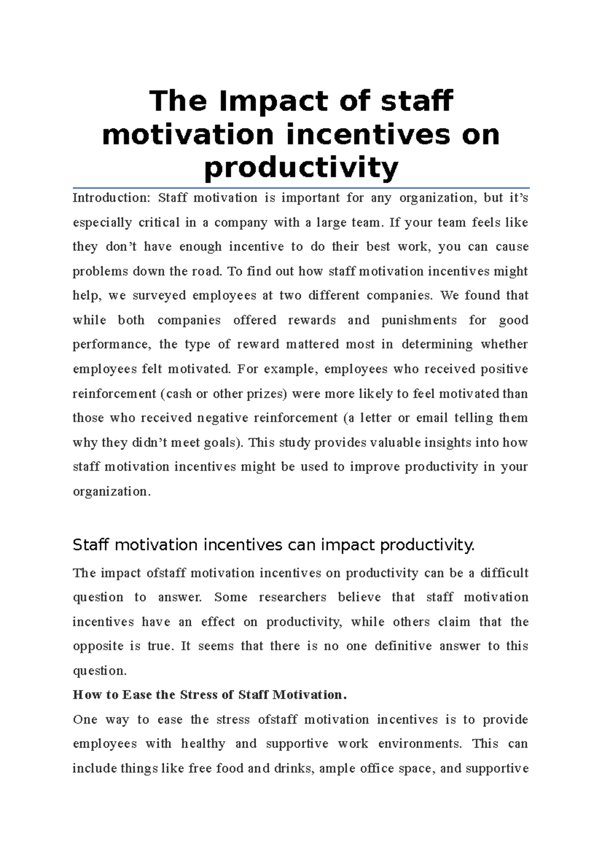 The Impact of staff motivation incentives on productivity - The Impact ...