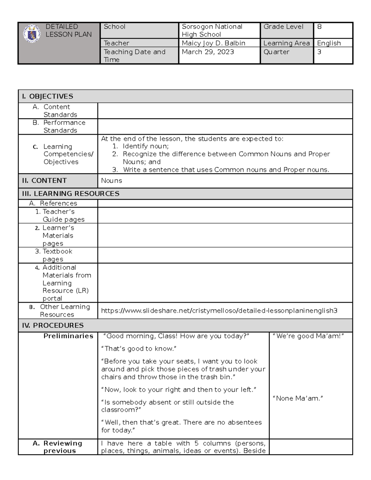 DLP - Nouns Regular - DETAILED LESSON PLAN School Sorsogon National ...