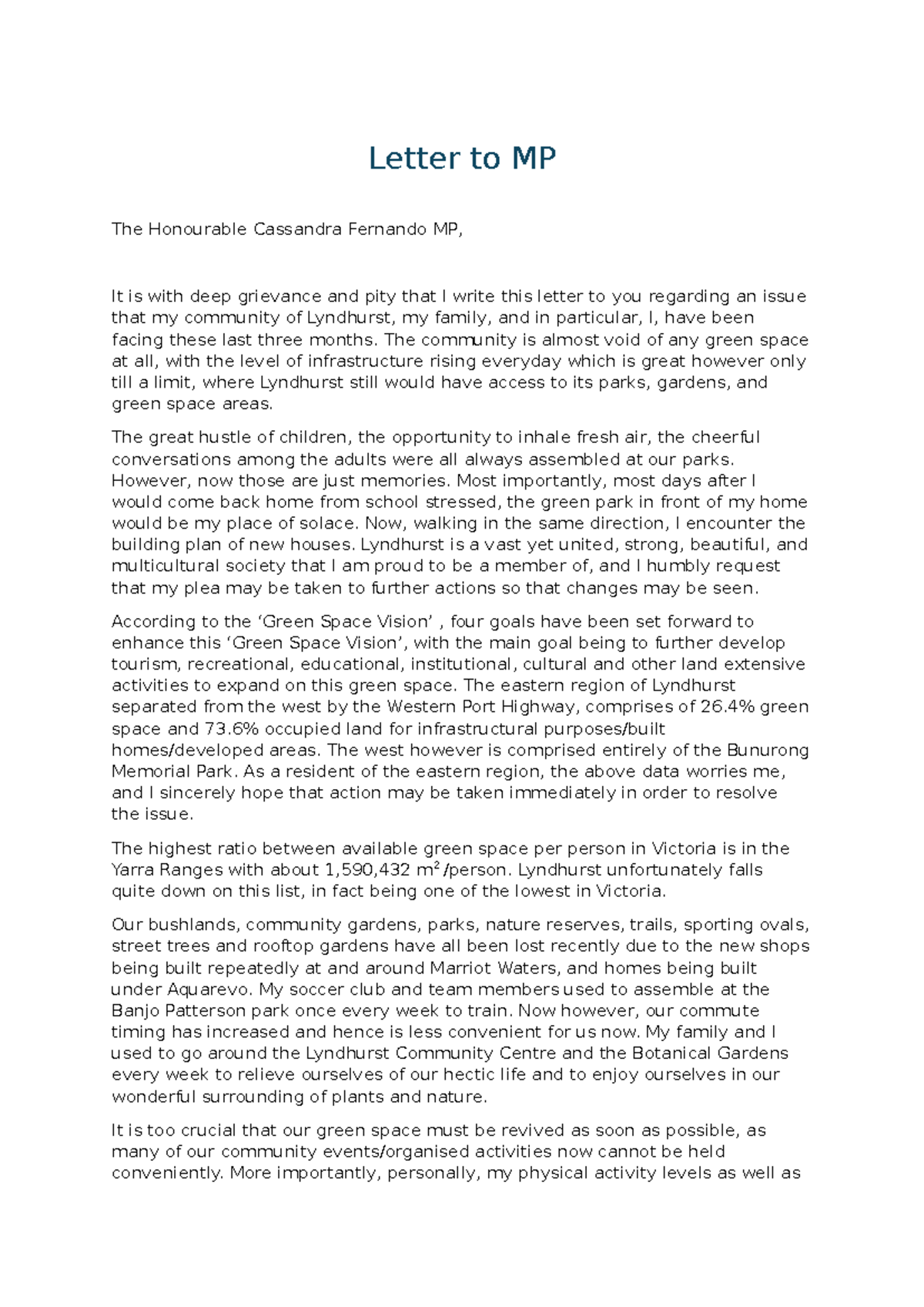 Letter to MP - Its good! - Letter to MP The Honourable Cassandra ...
