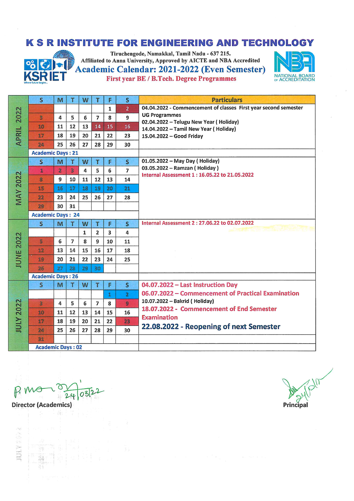 Academic Calendar - 2021-22 - First Year - UG - Information Technology ...