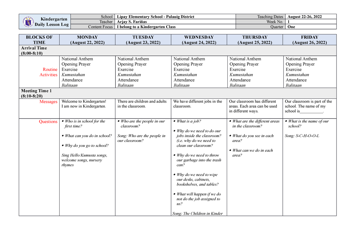 Kindergarten Daily Lesson Log Dll Week 3 2nd Quarter Sy 2022 2023 ...