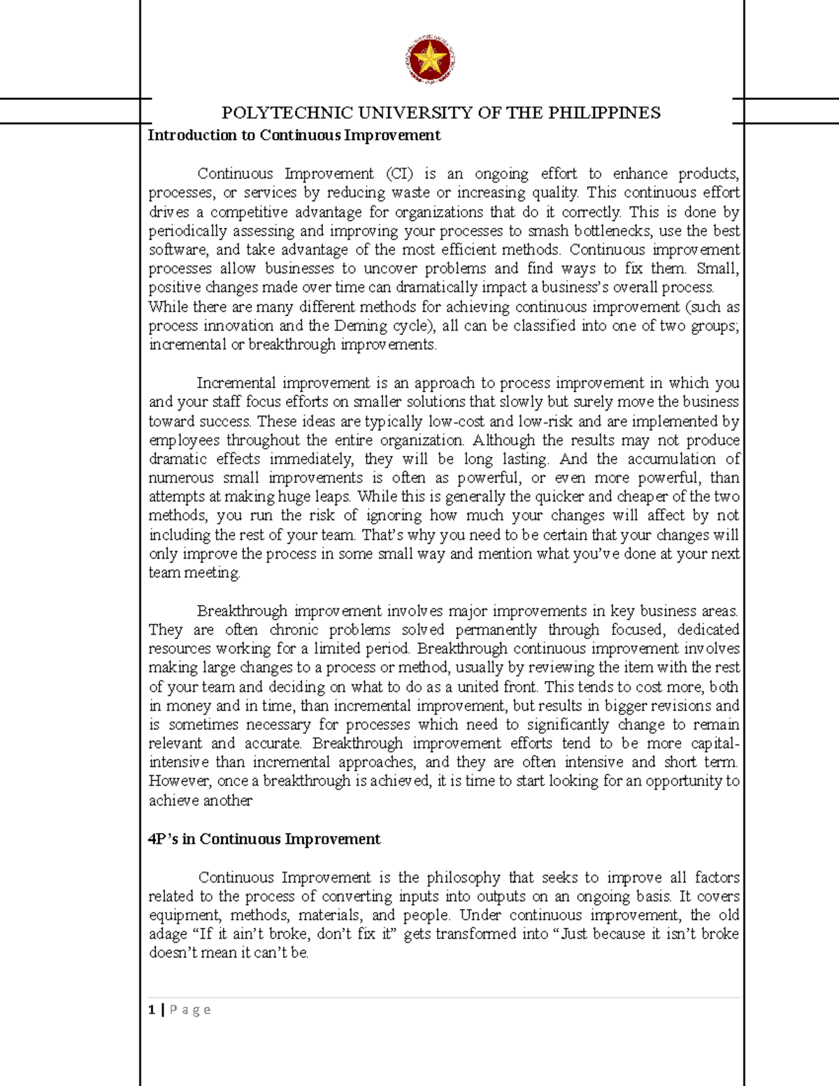Group 6 - Lecture notes 1 - Introduction to Continuous Improvement ...
