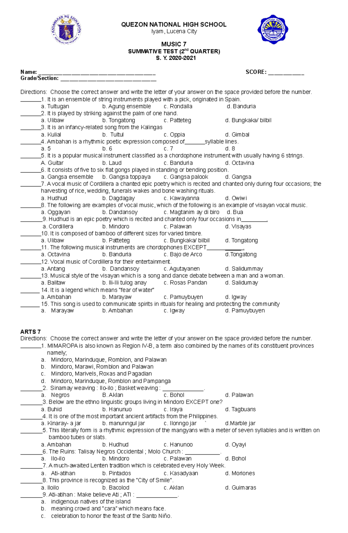 St Quarter Summative Test In Mapeh Docx Mapeh Summative Test For My