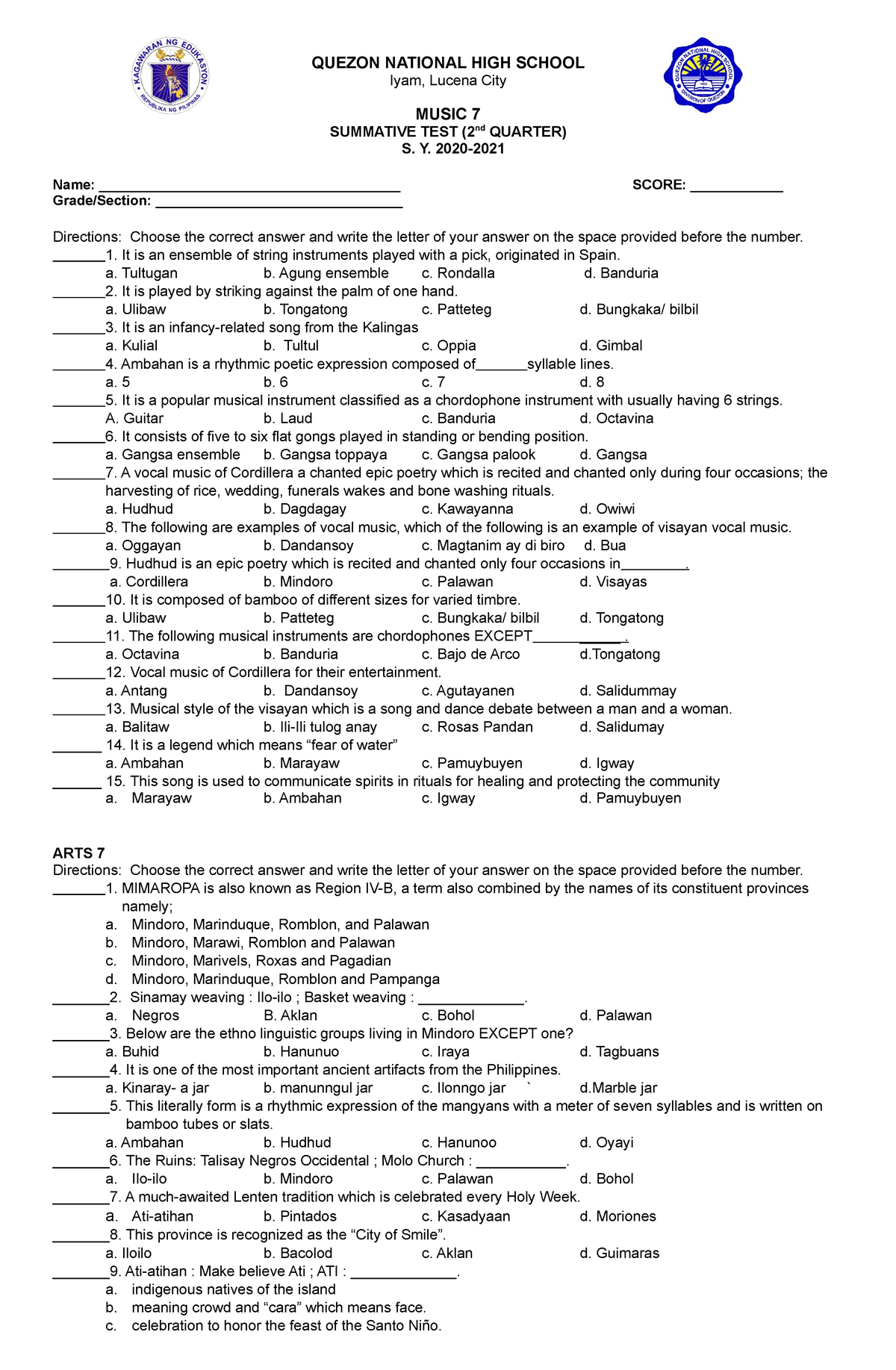 1st Summative Test In Mapeh Worksheet Riset