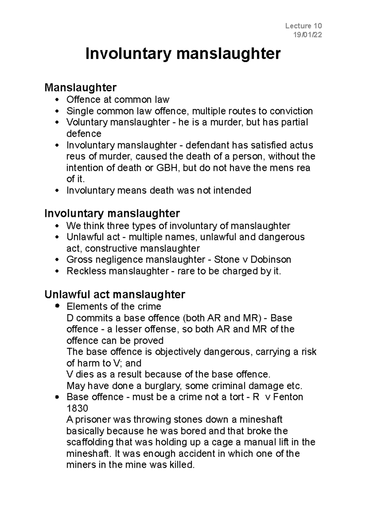 Involuntary Manslaughter - Lecture 10 - 19/01/ Involuntary Manslaughter ...