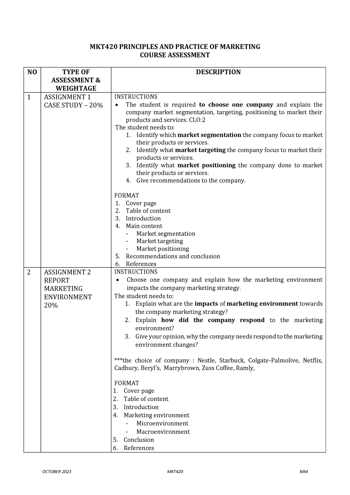 MKT420 Assessment OKT 2023 - OCTOBER 2023 MKT420 MM MKT420 PRINCIPLES ...