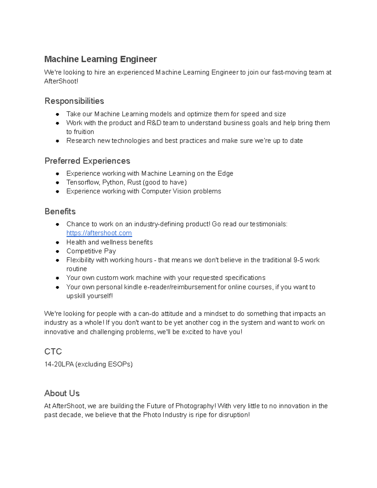 Aftershoot -Machine Learning JD - Machine Learning Engineer We're ...