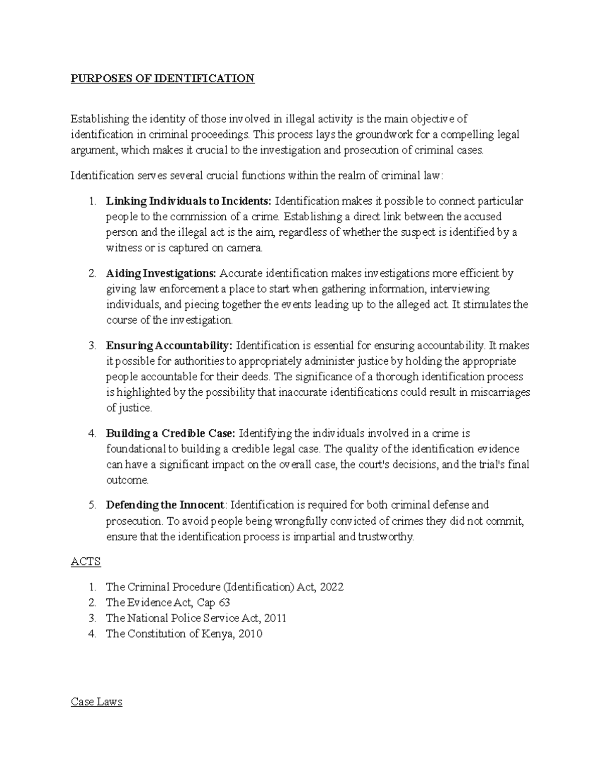 Pupose of identification - PURPOSES OF IDENTIFICATION Establishing the ...