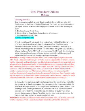 Civil Procedure Final outline - Subject matter jx For a court to have ...