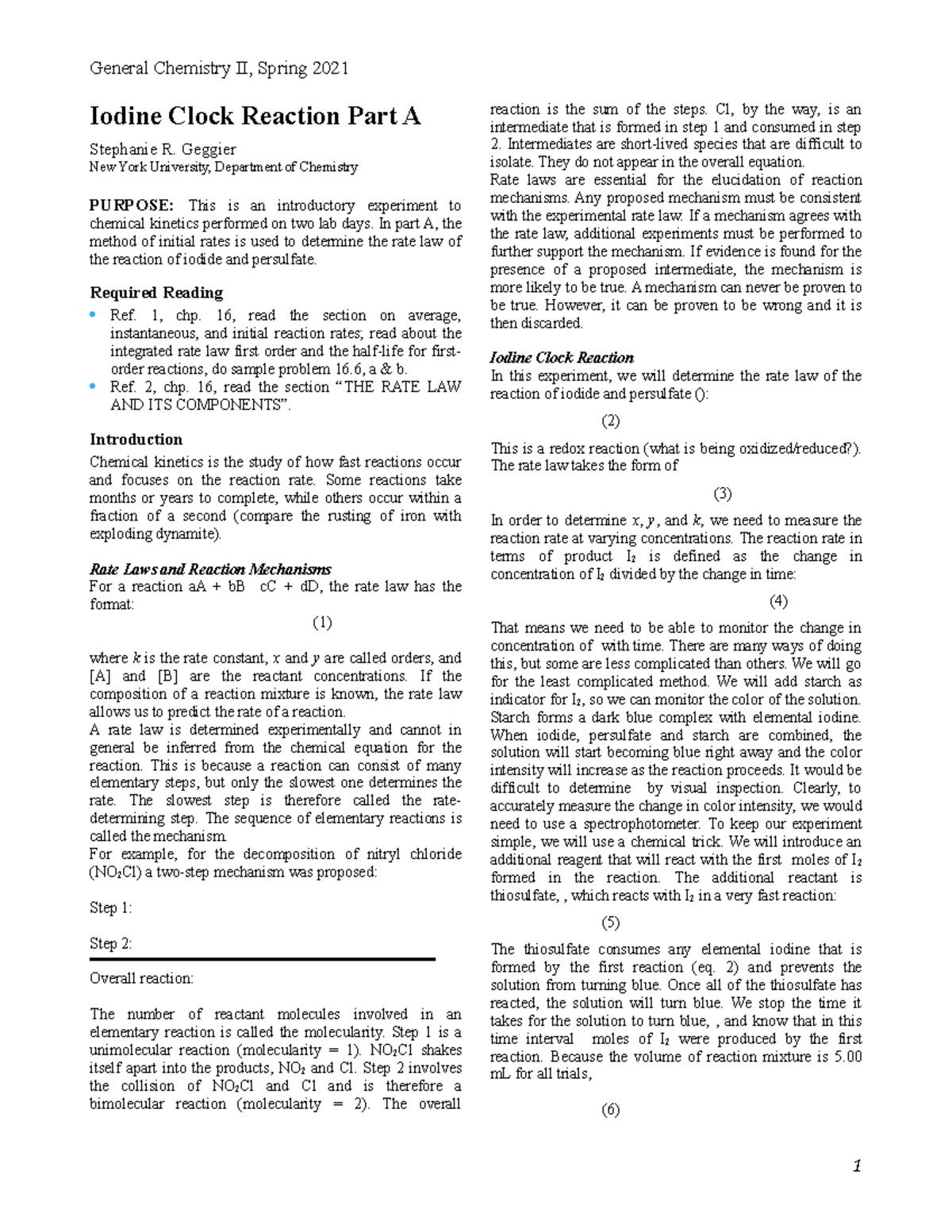 Iodine Clock Part A Sp21 - Iodine Clock Reaction Part A Stephanie R ...