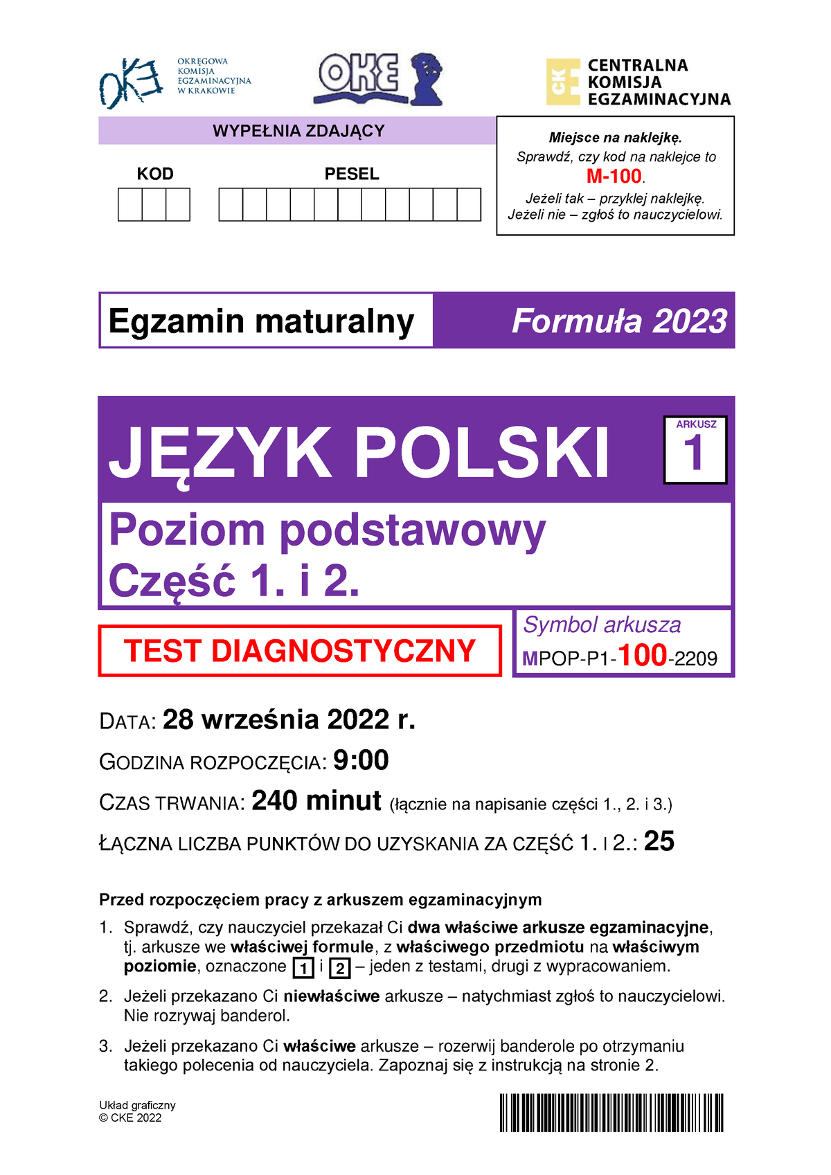 Arkusz Diagnostyczny Wrzesień 2022 Test Język Polski Poziom Podstawowy Układ Graficzny © Cke 7520