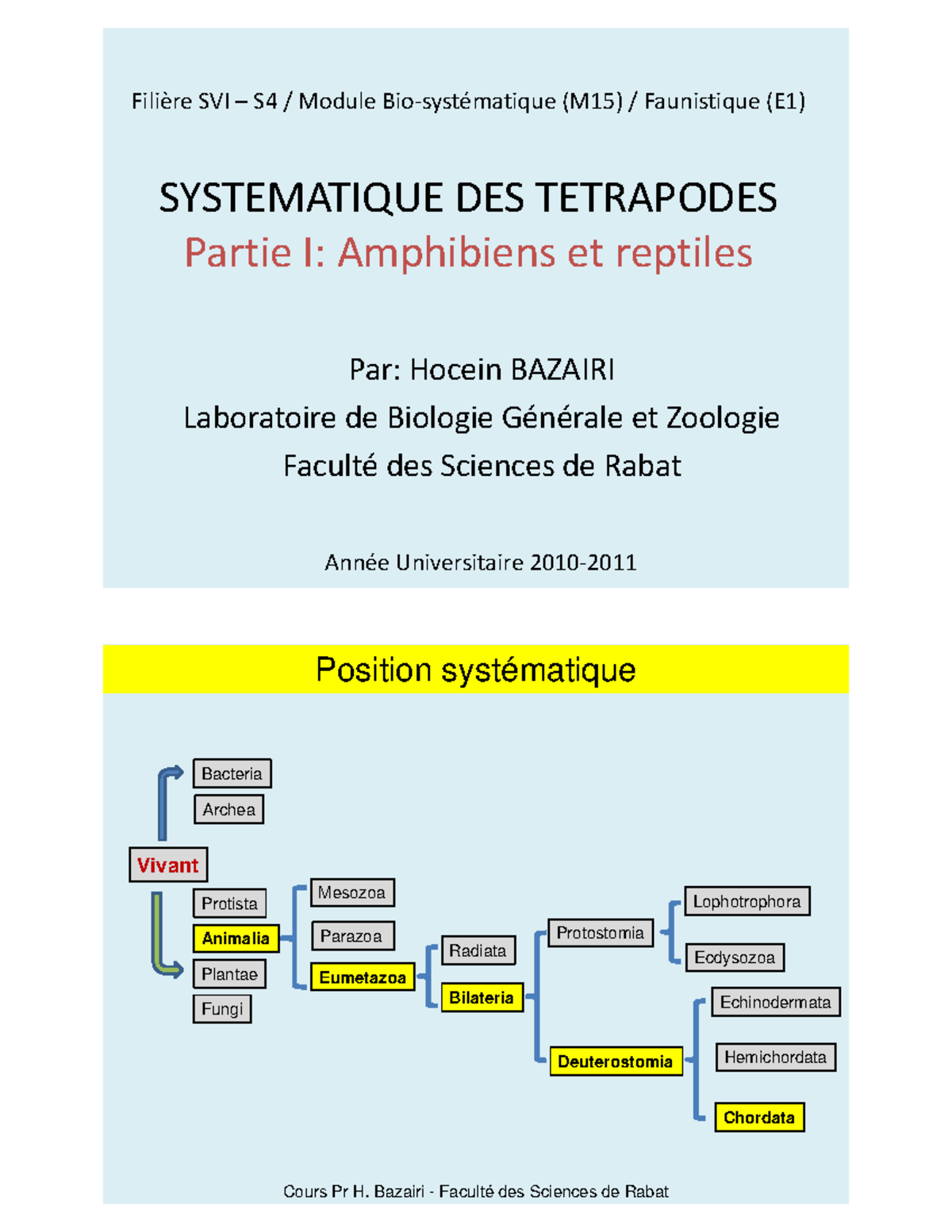 Cours Faunistique Tétrapodes Partie 1 2 - Filière SVI – S4 / Module Bio ...
