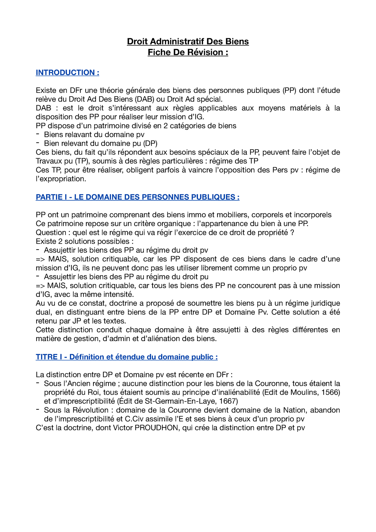 Fiche De Révision - Droit Administratif Des Biens Fiche De Révision ...