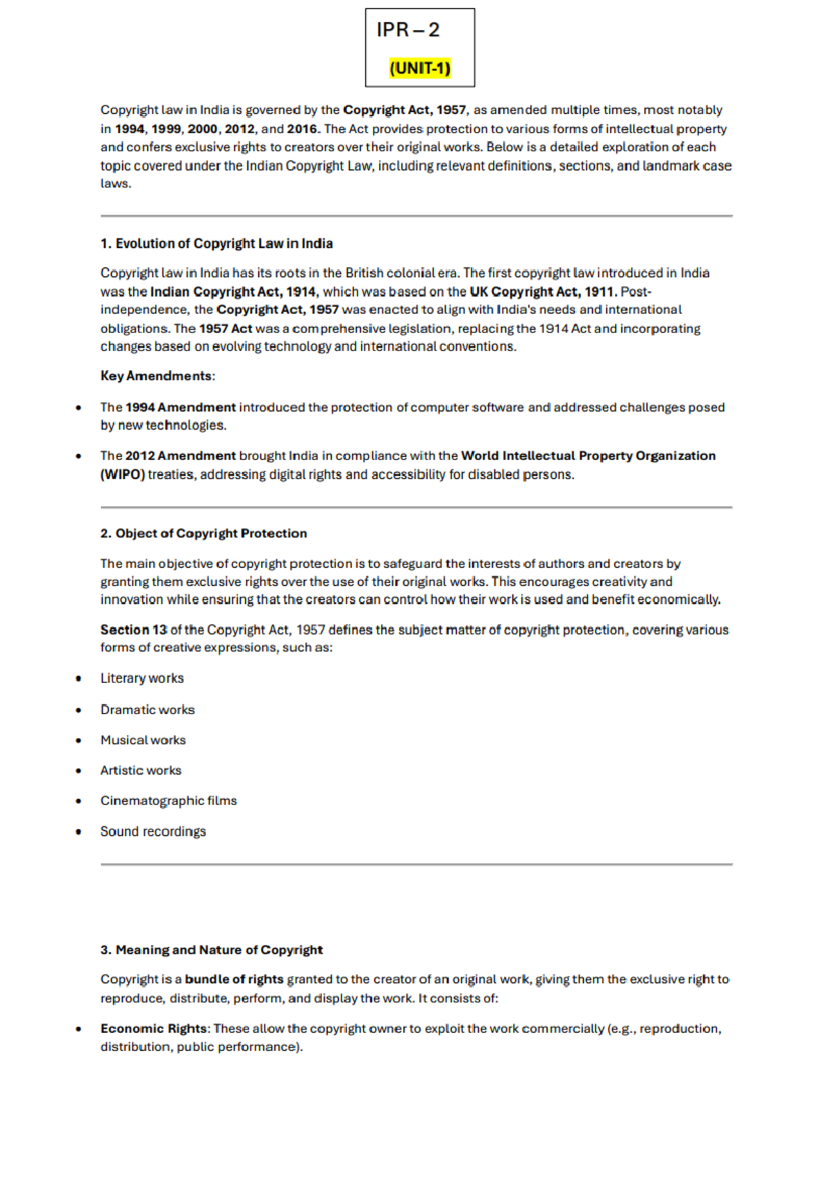 Unit 1 indian copyrights act - IPR 2 Copyright law in India is governed ...