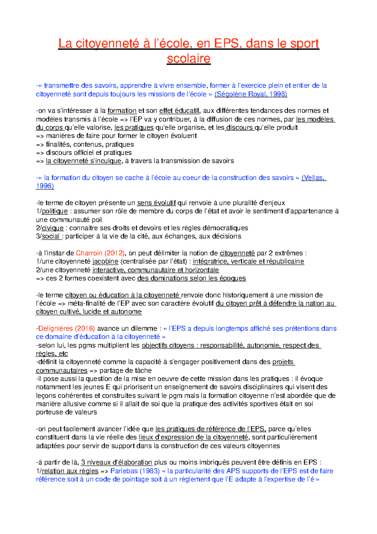 Fiche Citoyennete Capeps La Citoyennete A L Ecole En Eps Dans Le Sport Scolaire Transmettre Studocu