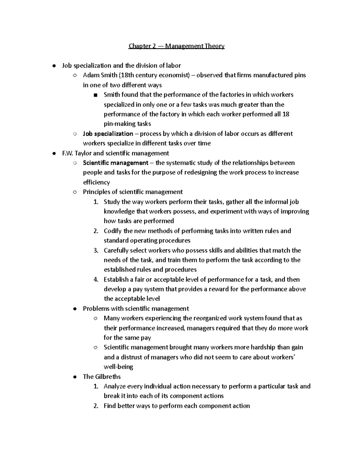 MGT 201 Chapter 2 - Chapter 2 — Management Theory Job specialization ...