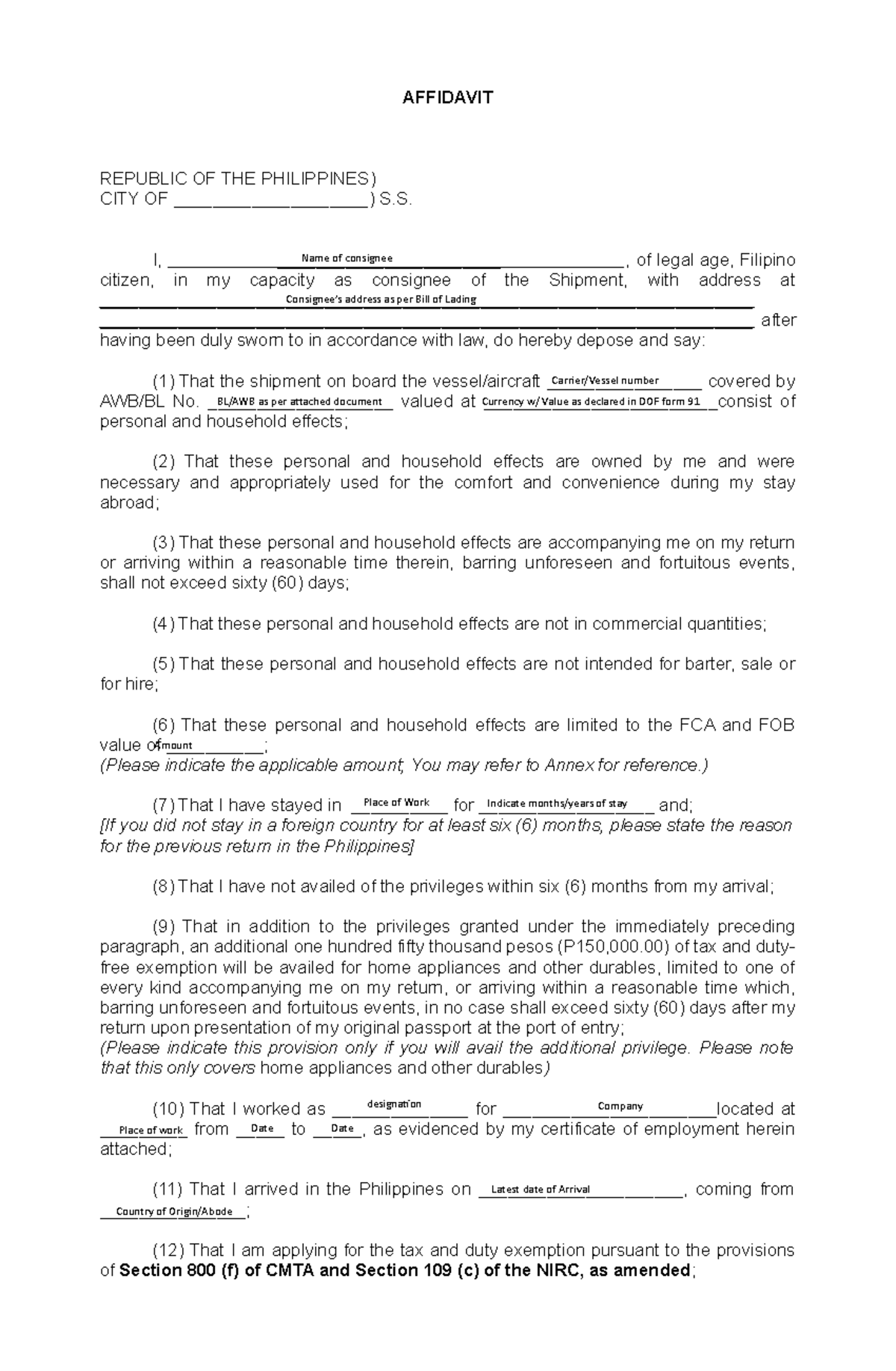 Affidavit Template - OFW [Section 800 (f) CMTA Section 109 (c) NIRC ...