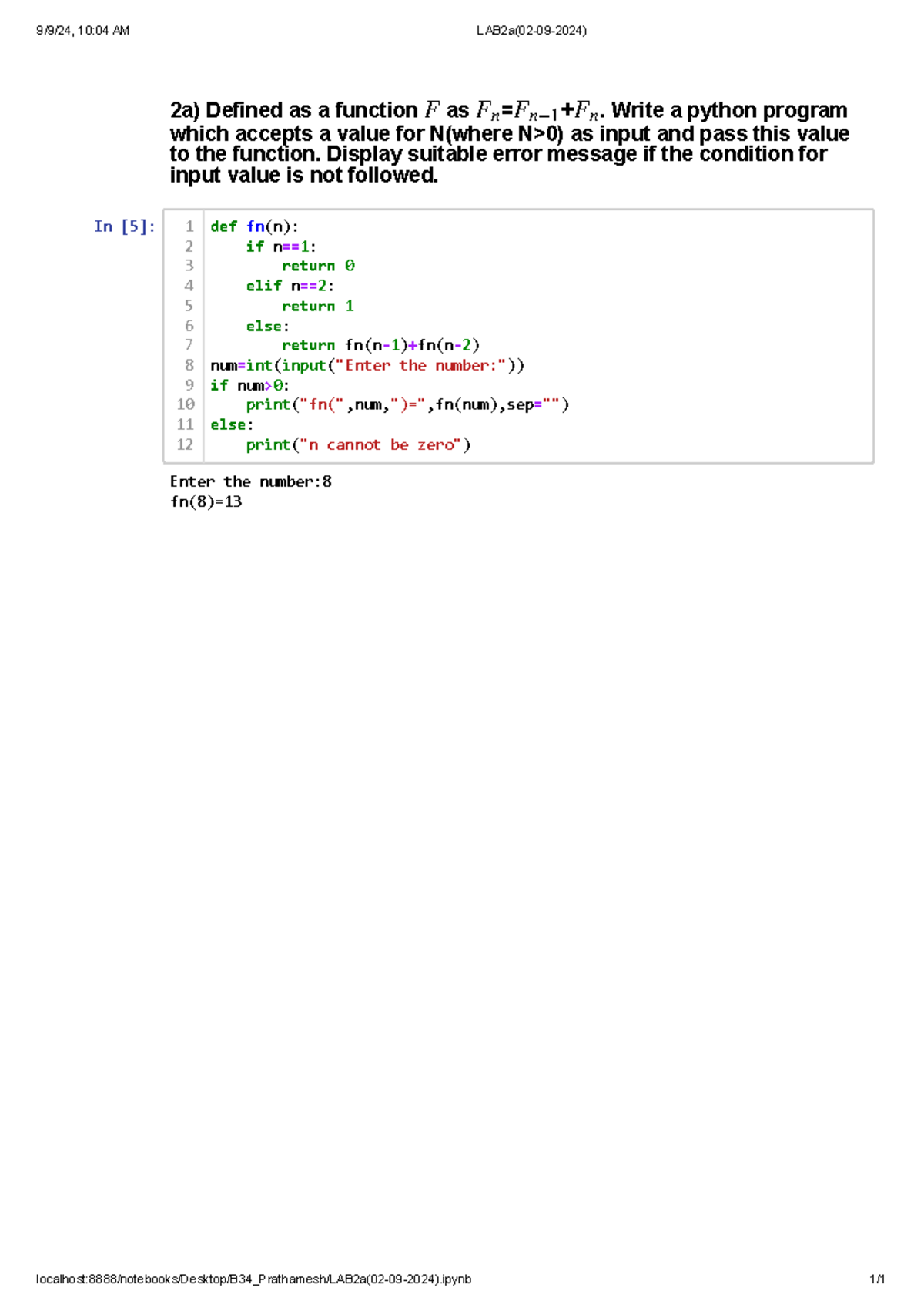 LAB2a(02-09-2024) - 3RD SEM - 2a) Defined as a function as = +. Write a ...