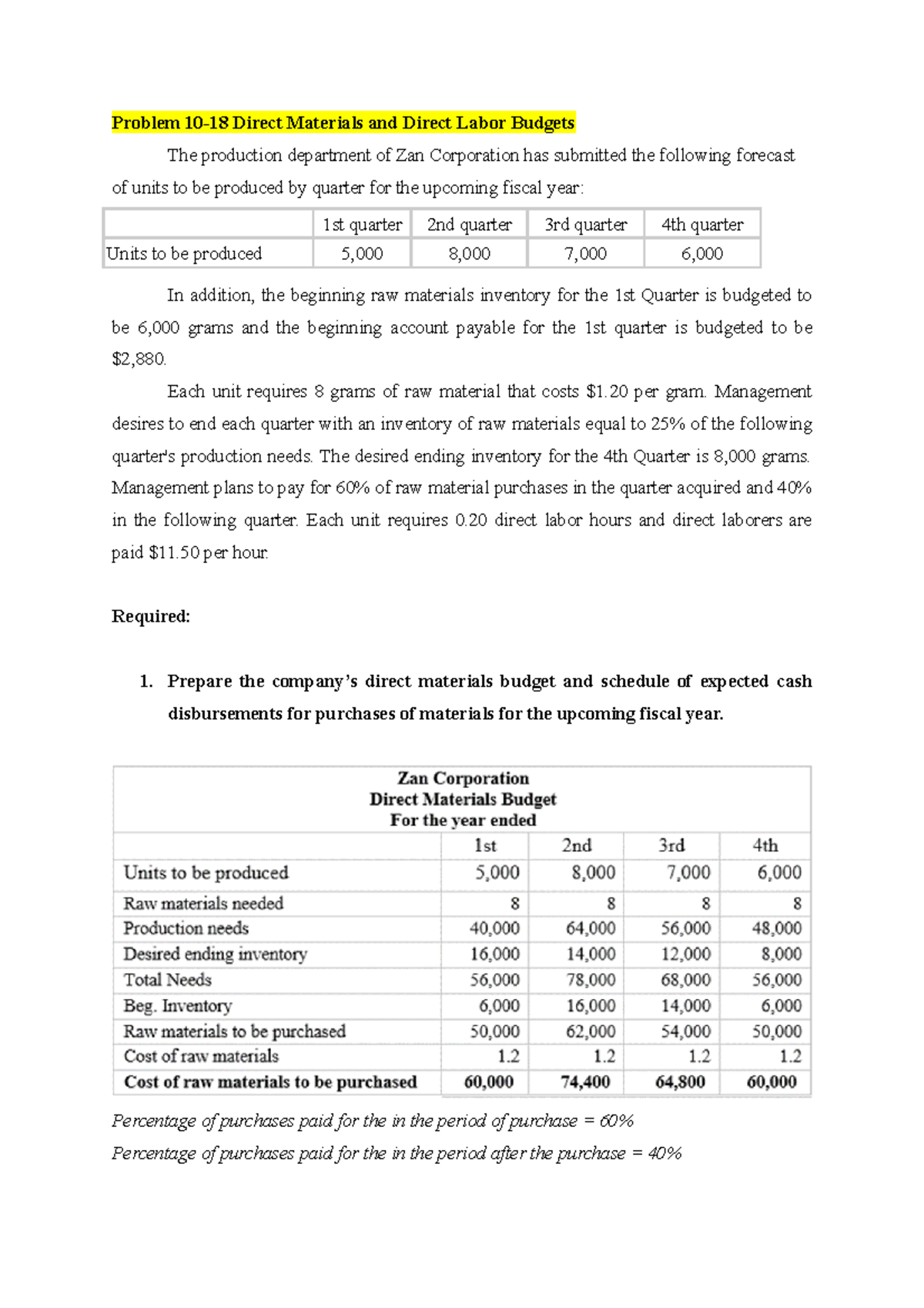 Master Budgeting Managerial Accounting Problem 1018 Direct