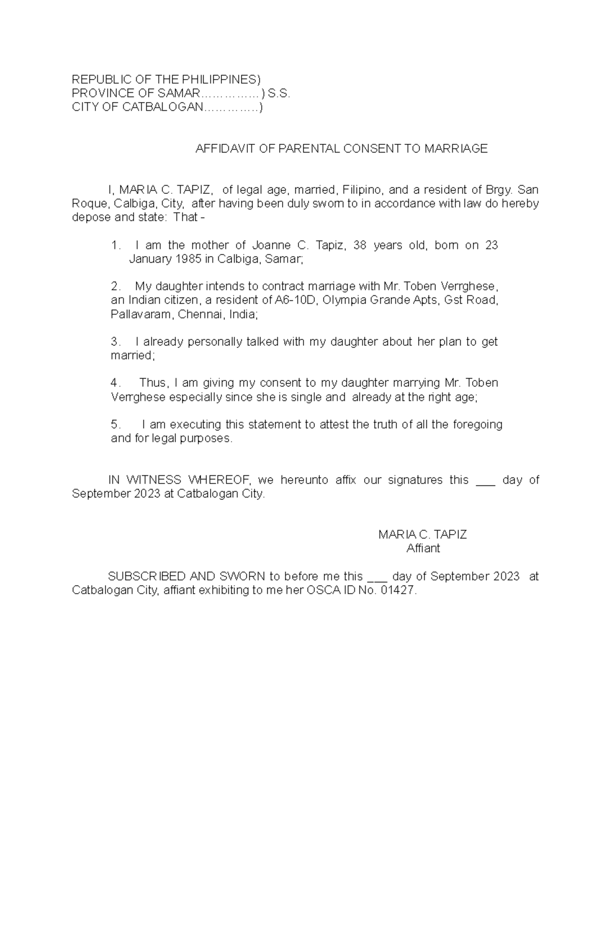 AFF Singleness - affidavit - REPUBLIC OF THE PHILIPPINES) PROVINCE OF ...