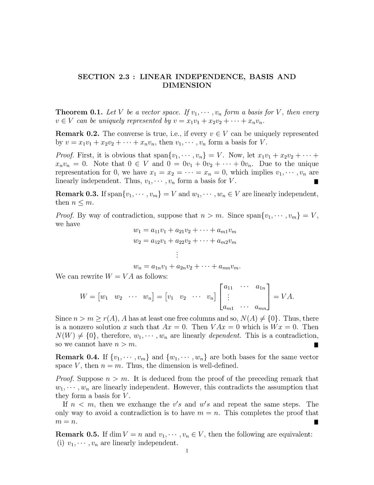 2.3 Lecture Note Linear Algebra - SECTION 2 : LINEAR INDEPENDENCE ...