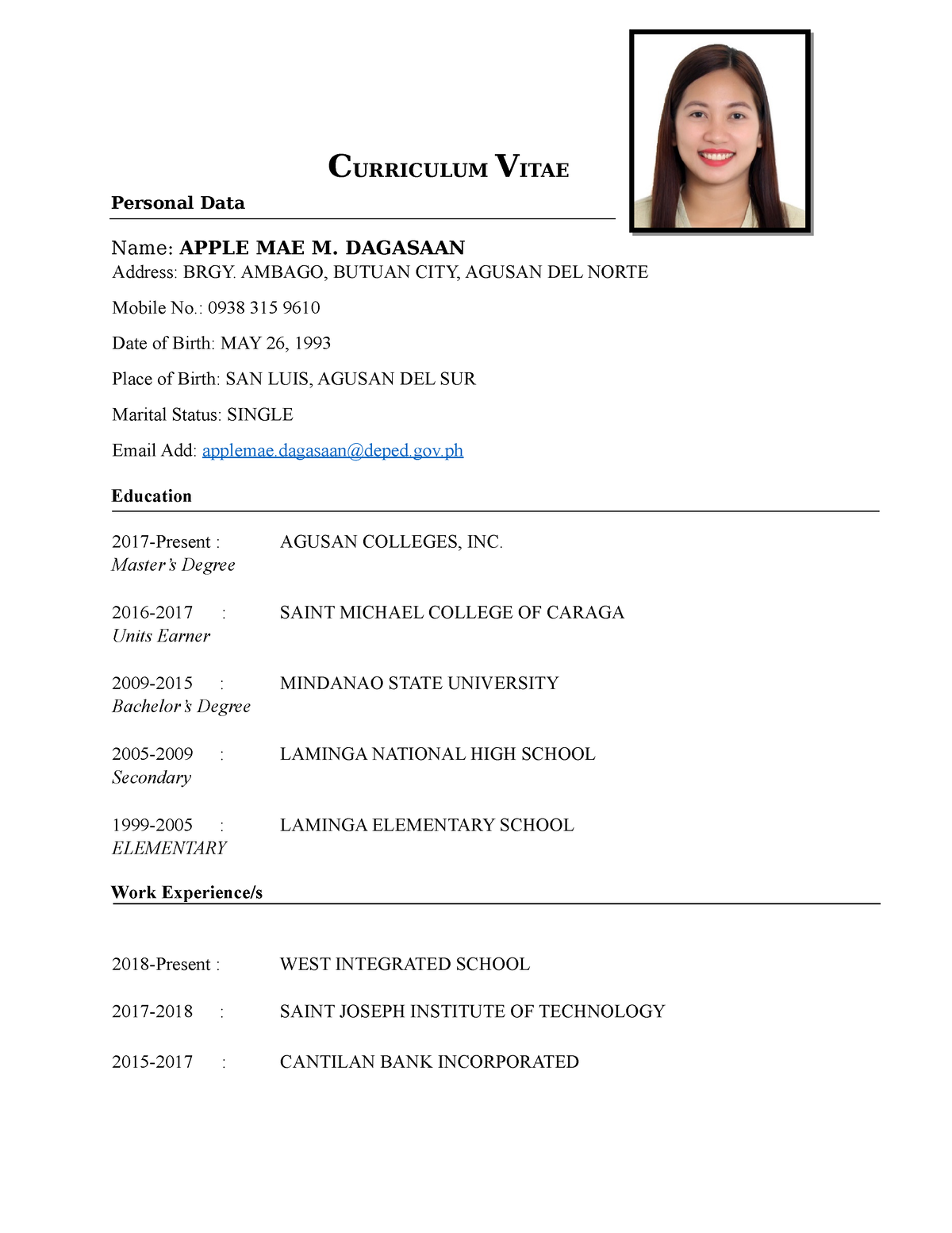 Curriculum Vitae - thank you! - CURRICULUM VITAE Personal Data Name ...