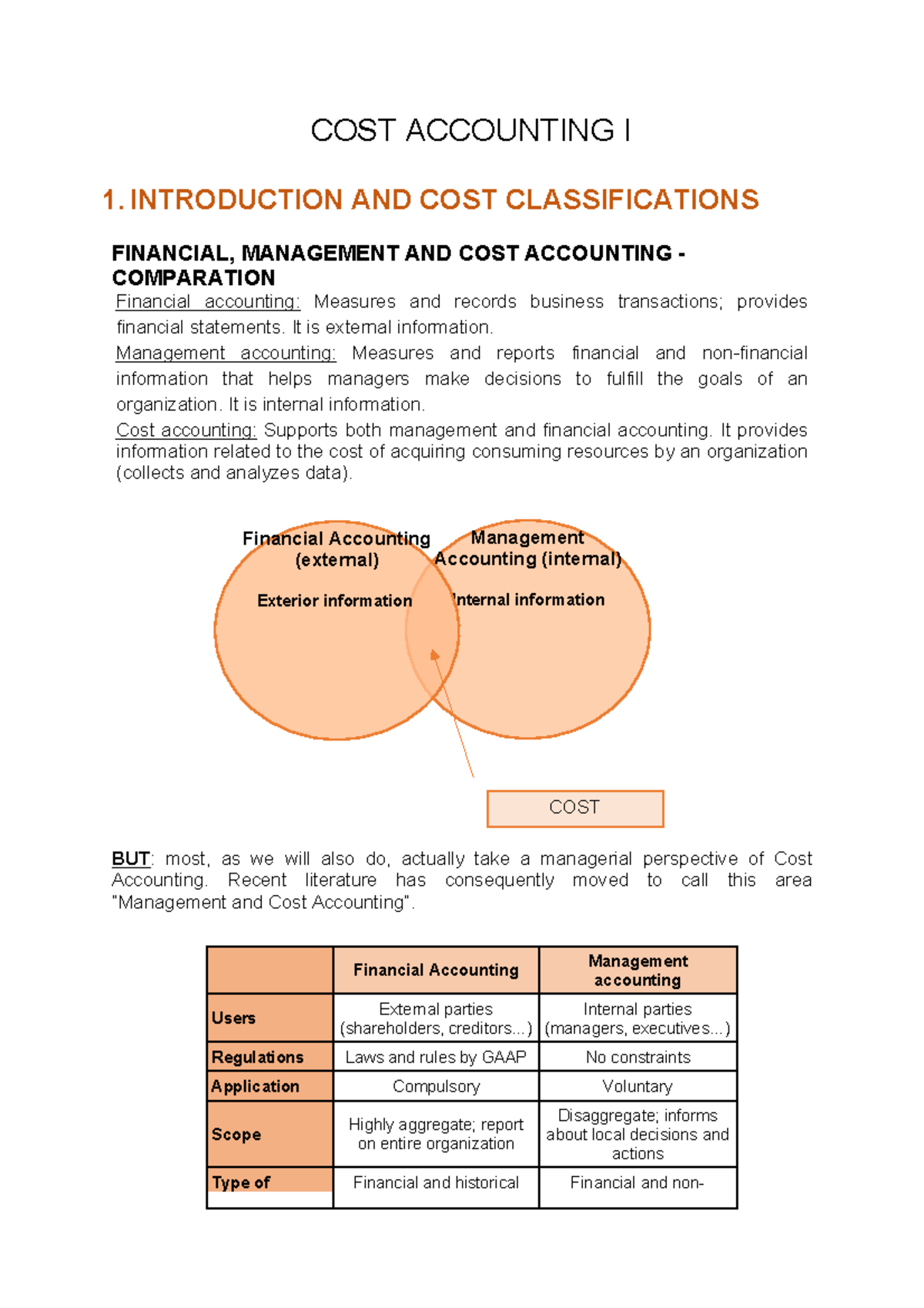 COST Accounting 1 COST ACCOUNTING I 1 AND COST CLASSIFICATIONS