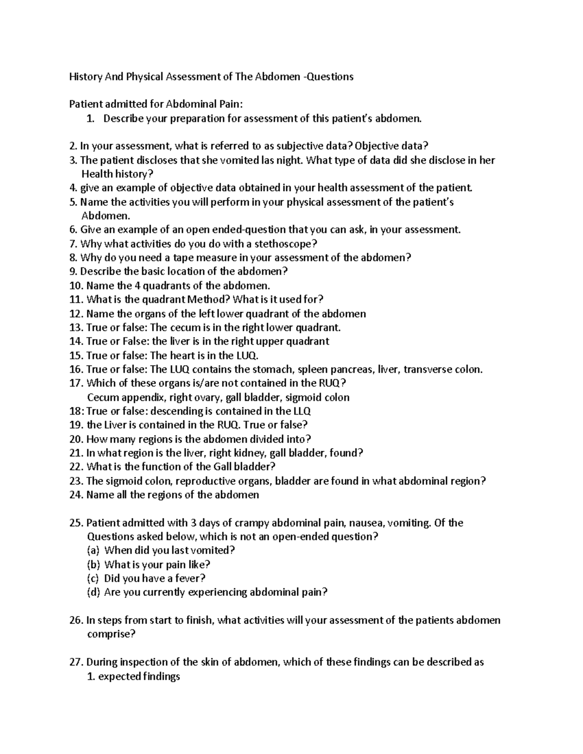 Assessment of The Abdomen - Describe your preparation for assessment of ...