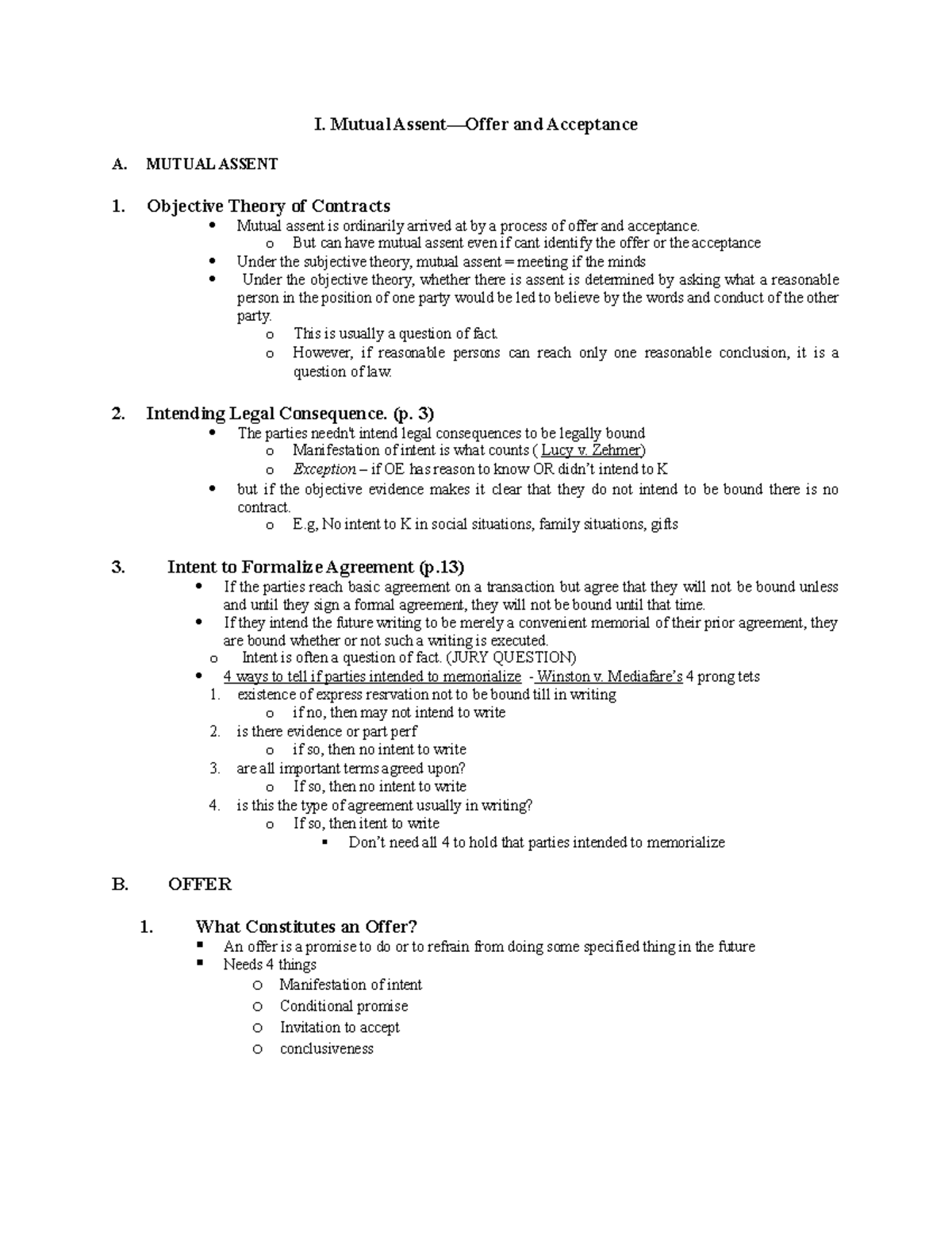 Contracts Law Outline 1 I. Mutual Assent—Offer and Acceptance A