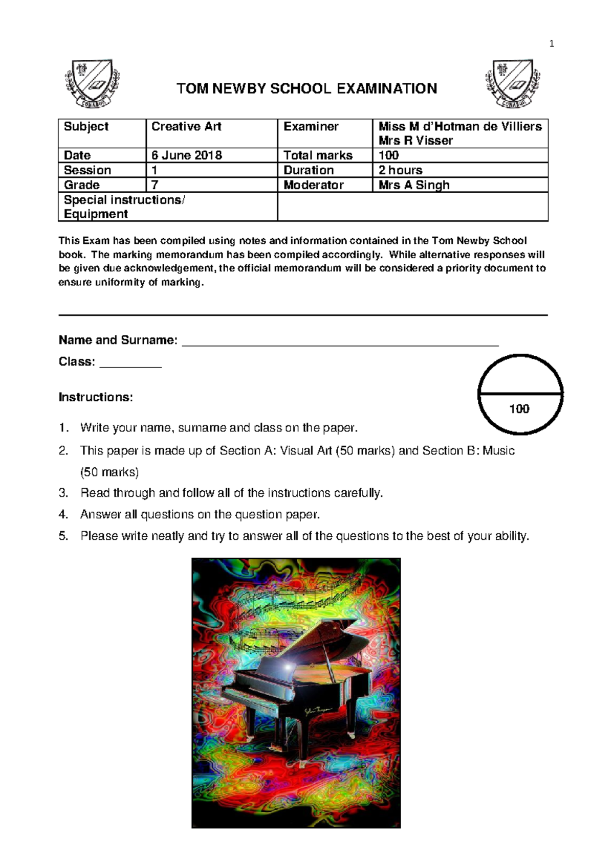 Creative ARTS EXAM AND MEMO JUNE 2018 - TOM NEWBY SCHOOL EXAMINATION ...