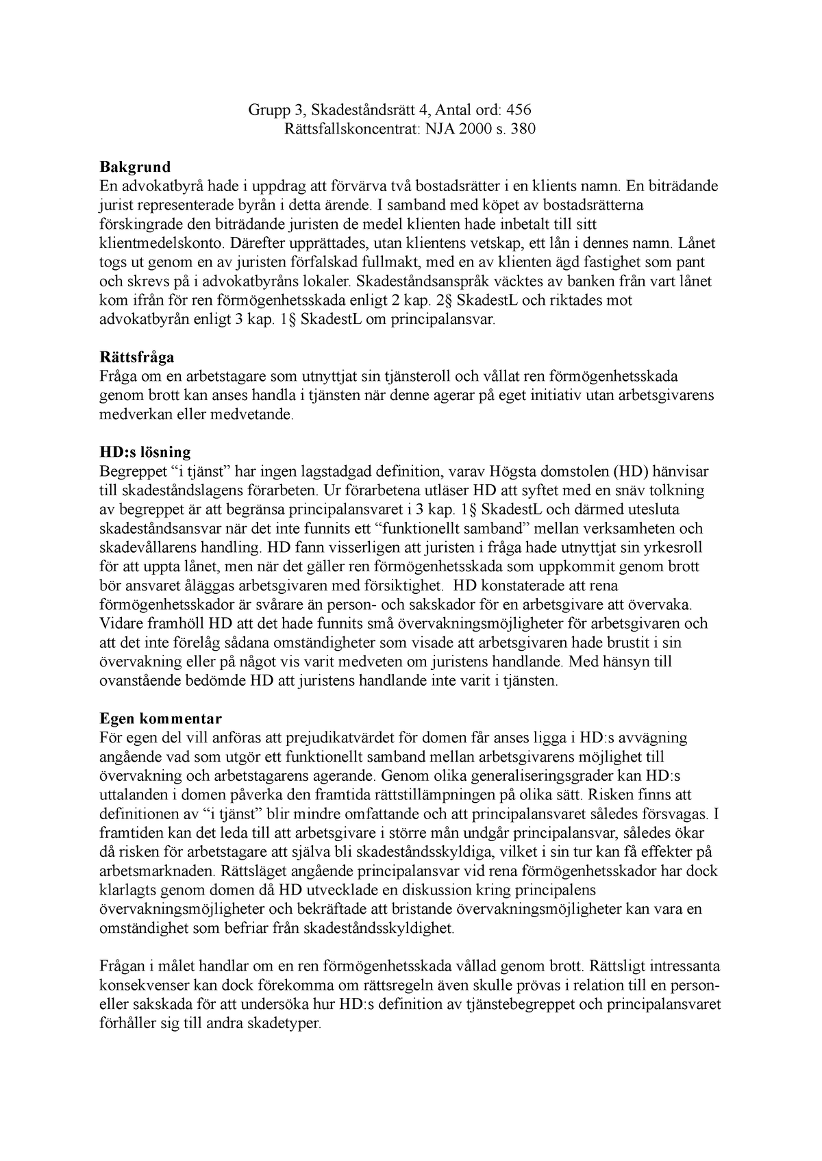 RFK NJA 2000 S. 380-3 - Grupp 3, Skadeståndsrätt 4, Antal Ord: 456 ...